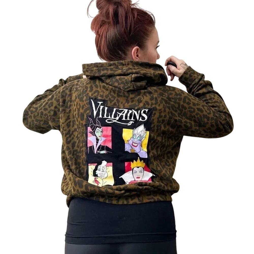 Disney Villain Graphic Zip Up Hoodie Olive Green Leopard Print Size Medium OOAK